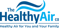 The Healthy Air co logo light an dark blue wave with text